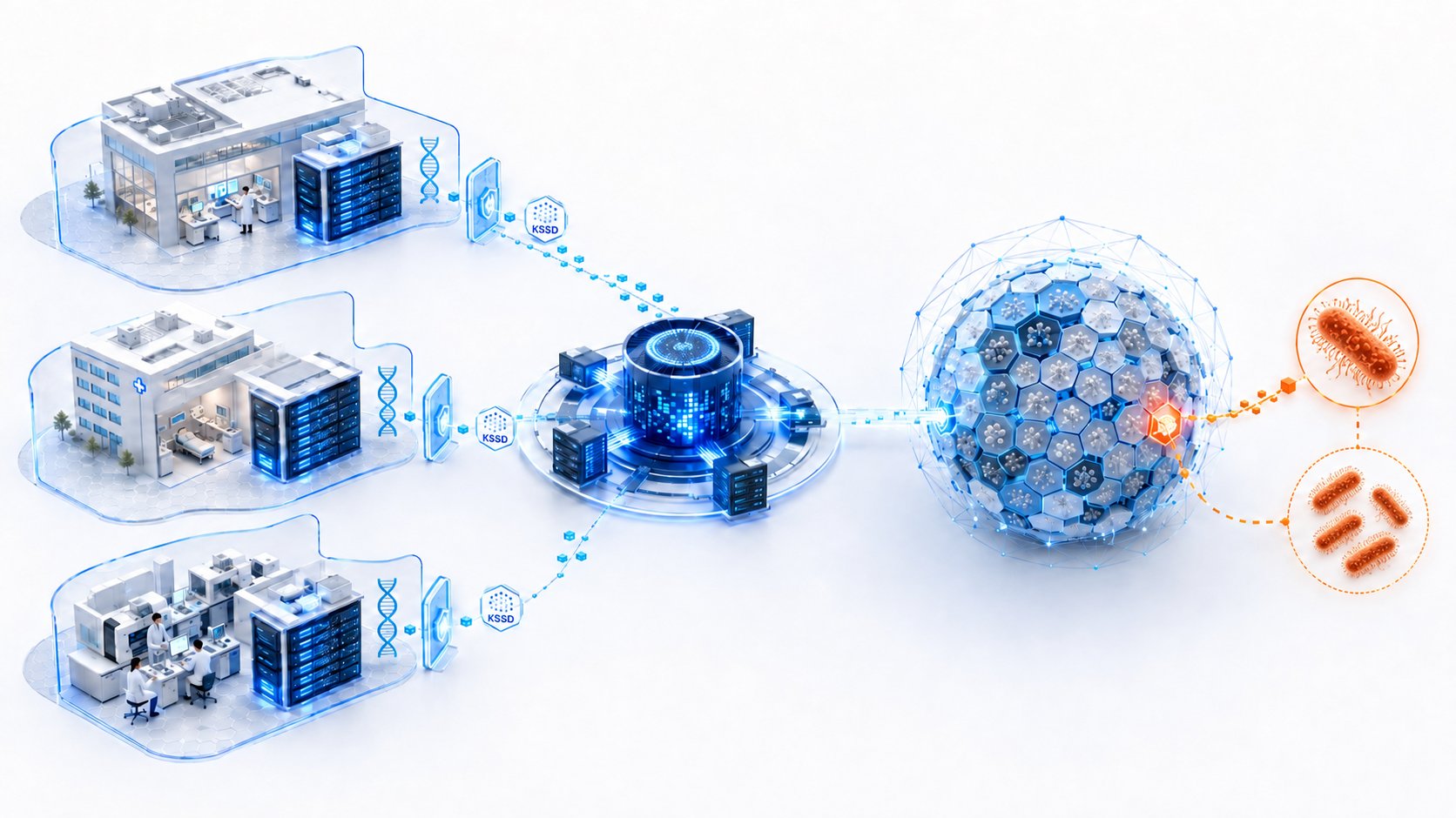 A research institute, a hospital and a laboratory each keep their sequencing data inside their own premises and send only a compact KSSD sketch to a shared index, which matches it against a global collection of pathogen genomes and surfaces outbreak signals.